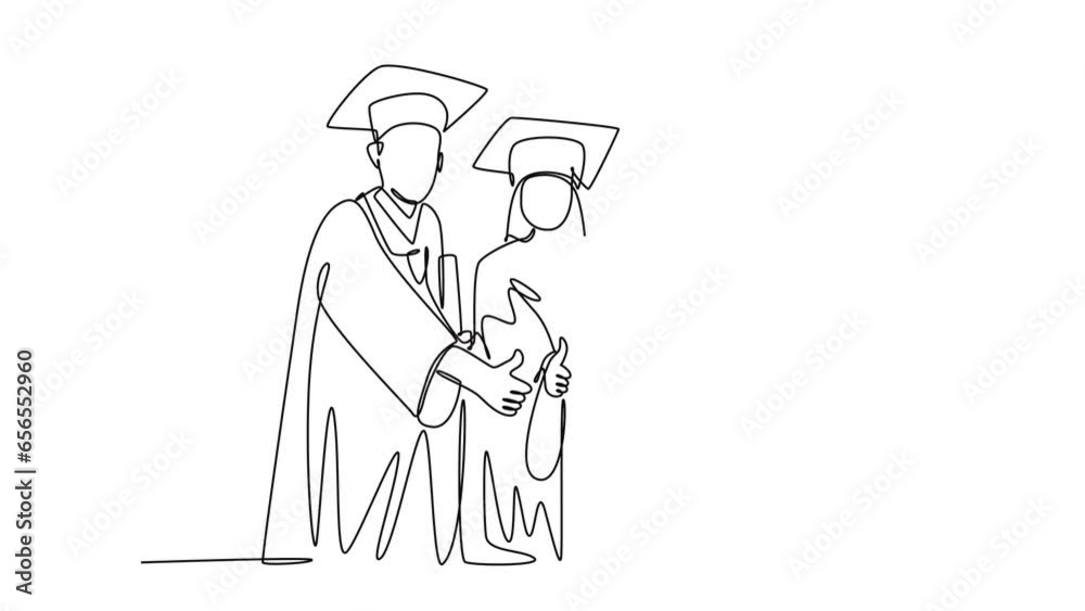 Self drawing animation of single line draw group of young happy graduate male and female college student wearing gown, giving thumbs up gesture. Education. Continuous line draw. Full length animated Self drawing animation of single line draw group of young happy graduate male and female college student wearing gown, giving thumbs up gesture. Education. Continuous line draw. Full length animated