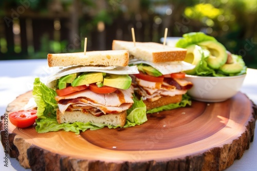 chicken club sandwich neatly placed on a teak wood board