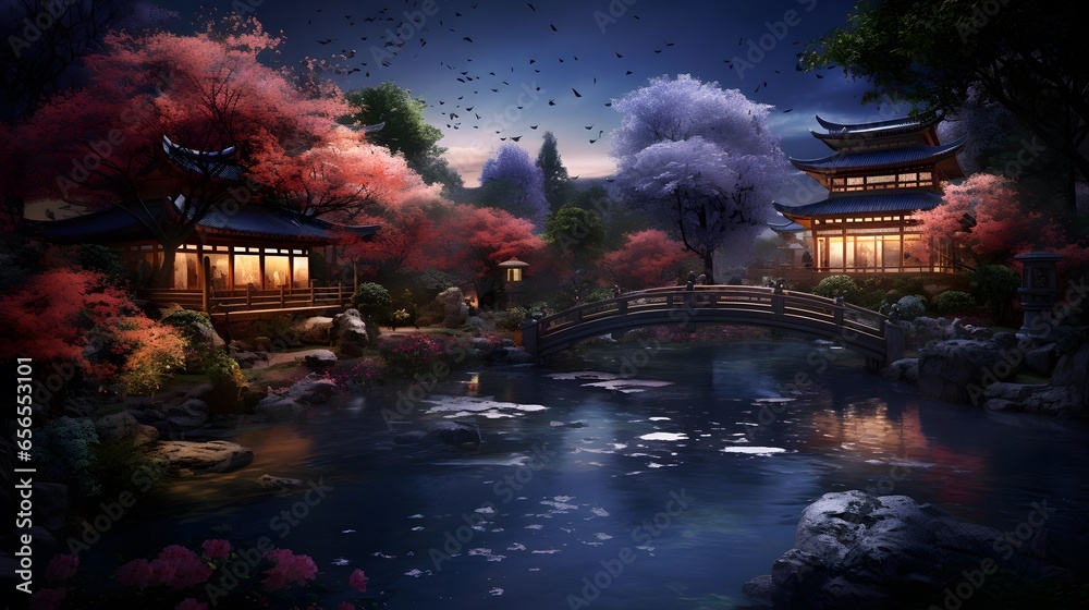 Digital painting of a Japanese temple with a river and clouds in the background