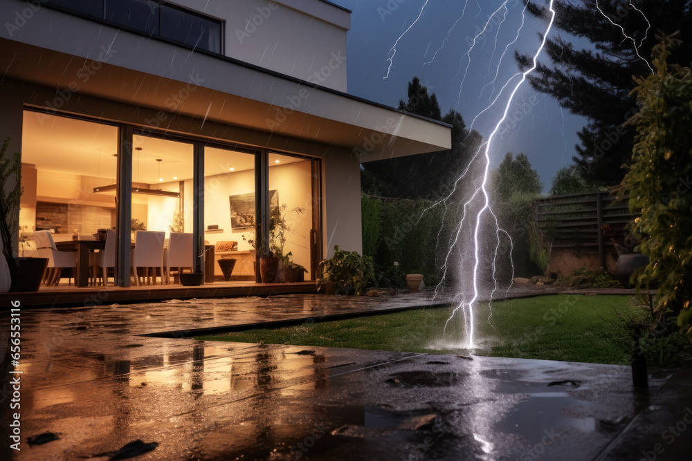 Lightning strikes a modern beach villa.