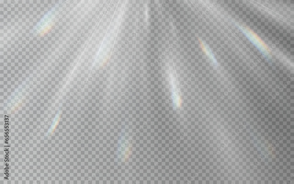 Vector rainbow crystal lights png. Light effect of a diamond explosion with glare. Rainbow flare, gently floating in the rays of light.
Rainbow bunnies display in the sunlight. - obrazy, fototapety, plakaty 
