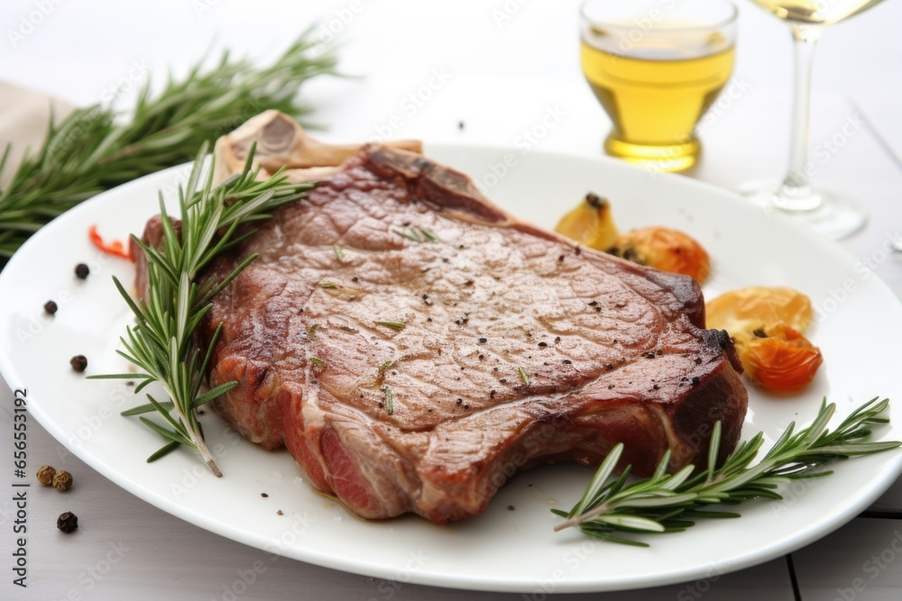 t-bone steak on a white ceramic plate with rosemary