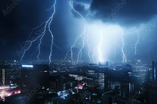Thunder and lightning on the city. Photorealistic illustration. 