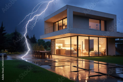 Lightning strikes a modern beach villa.
