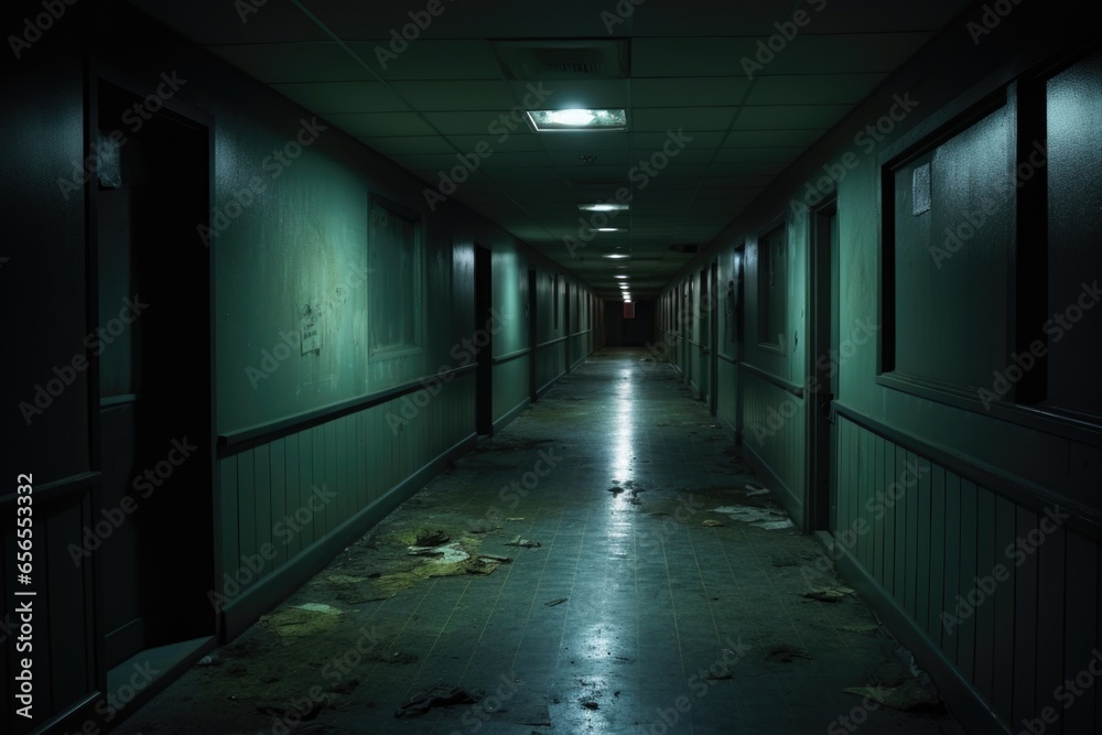 an empty, darkened corridor with only exit lights on