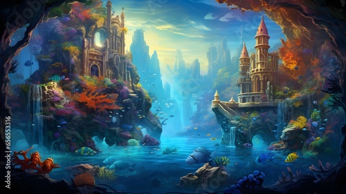 Illustration of a fantasy landscape with a ship in the sea. © Iman