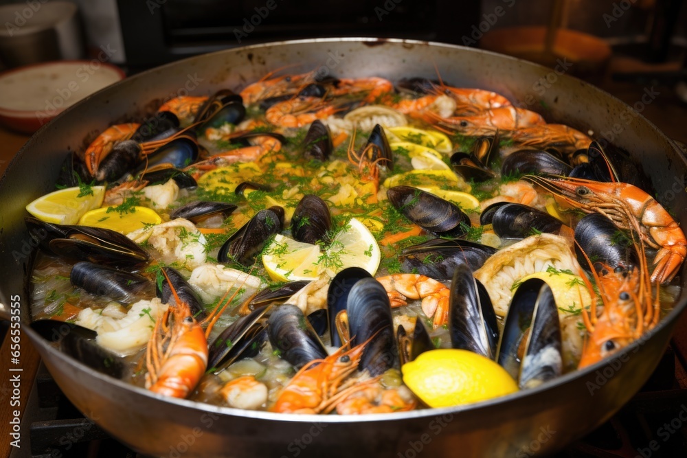 moules and prawns ready to be mixed into a seafood paella moules and prawns ready to be mixed into a seafood paella