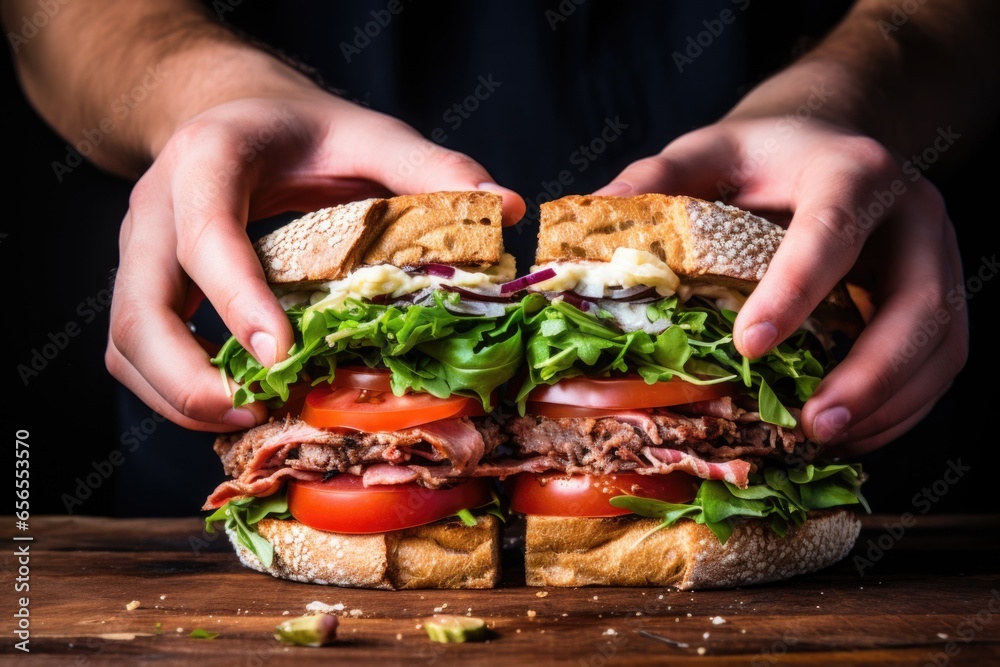 hand stacking a burger with fresh lettuce and tomato - obrazy, fototapety, plakaty 
