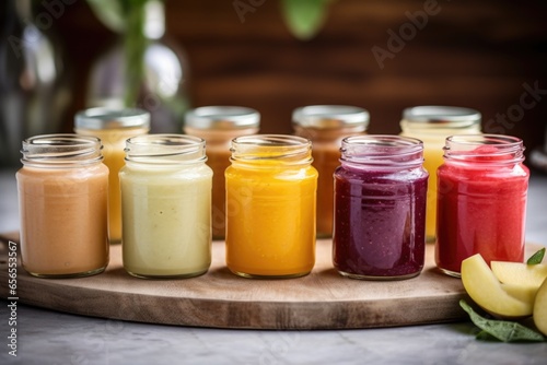 a shot of several glass jars filled with fruit smoothies