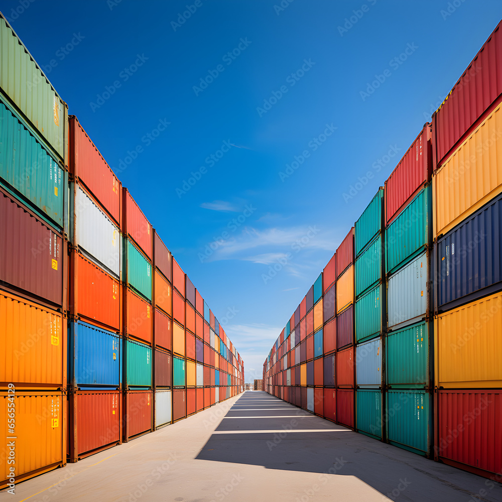Fototapeta premium passage of colorful new shipping container stacked in line red and blue
