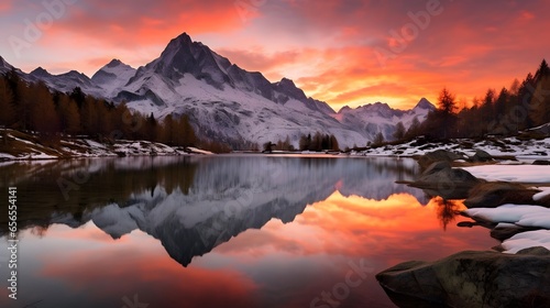 panoramic view of alps mountains at sunset with reflection in water