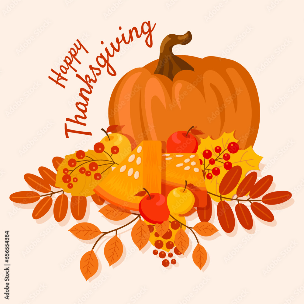 Happy Thanksgiving Day background with lettering and illustrations.Leaves, berries, pumpkin.Vector