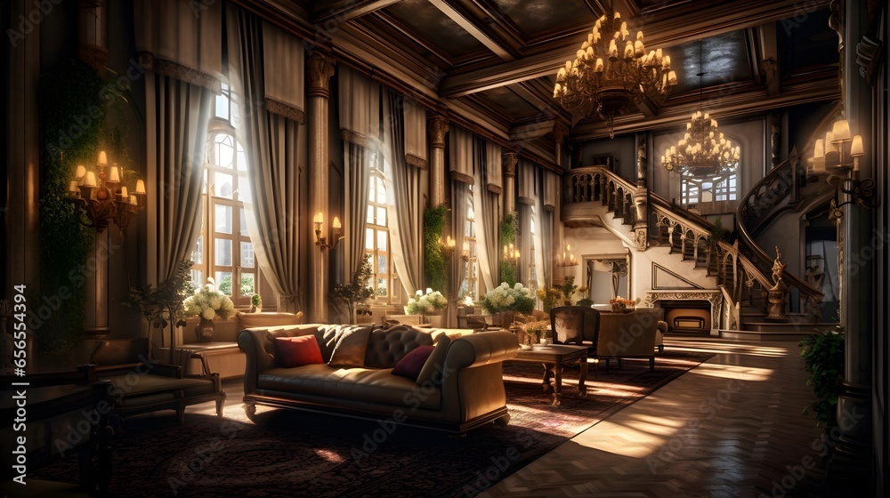 Interior of a hotel room. Panoramic view. 3d render