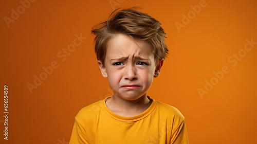 Cry boy kid isolated on blue studio background