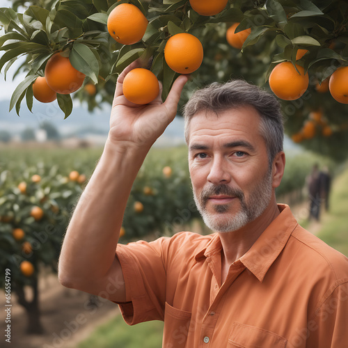 Hombre cogiendo una naranja de un árbol y un campo con naranjos de fondo