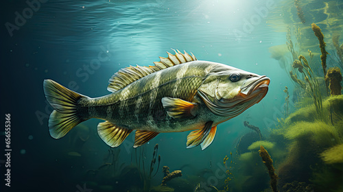 Fishing trophy - big freshwater perch in water on green background. © Ziyan Yang