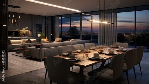 Modern interior of the living room and kitchen with a table and chairs and hanging lamps with a panoramic window at night. Home decor.