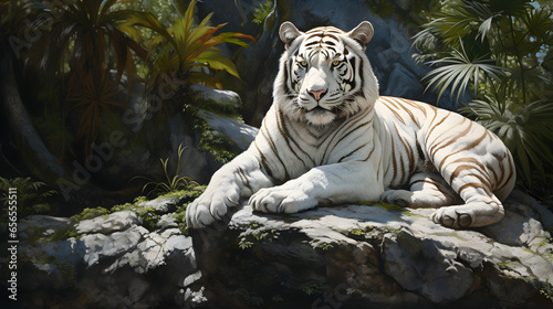 White Bengal Tiger Lounging on a Rocky Outcrop