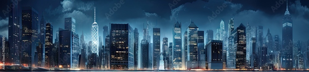 Obraz premium Urban nightscapes. Glimpse of modernity. Metropolitan symphony. City lights at dusk. High tech horizons. Urban nightscape. Futuristic skyline