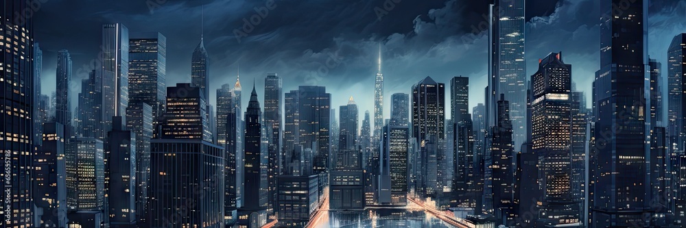 Fototapeta premium Urban nightscapes. Glimpse of modernity. Metropolitan symphony. City lights at dusk. High tech horizons. Urban nightscape. Futuristic skyline