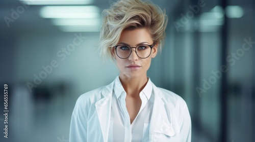 Photo of a supermodel laboratory assistant with a stylish short haircut, in a white coat, and stylish transparent glasses. photo