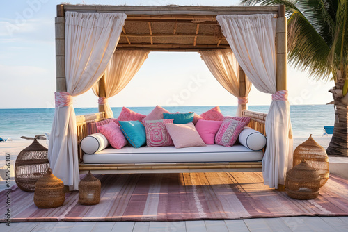 terraza con asientos y sombrilla de paja junto a playa estilo mediterráneo con cielo y mar azul de fondo photo
