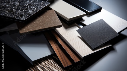 samples of interior material consists concrete tile, wooden laminated or veneer, artificial stones, green fabric for drapery, wooden vinyl flooring. interior selected material for mood and tone board. photo