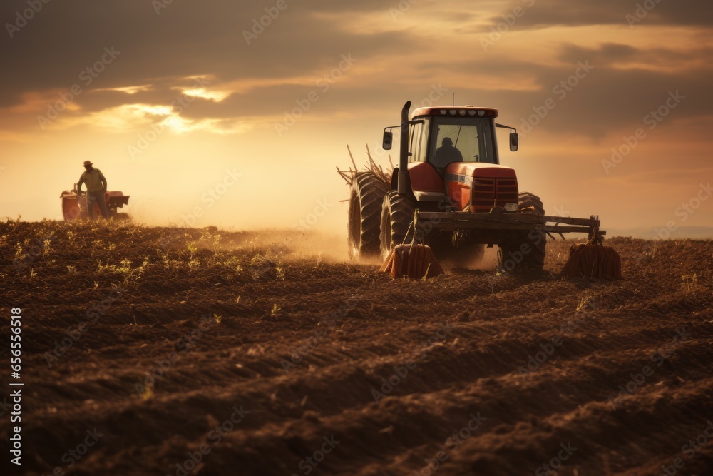 Fototapeta premium Agricultural workers with tractors. Ploughing a field