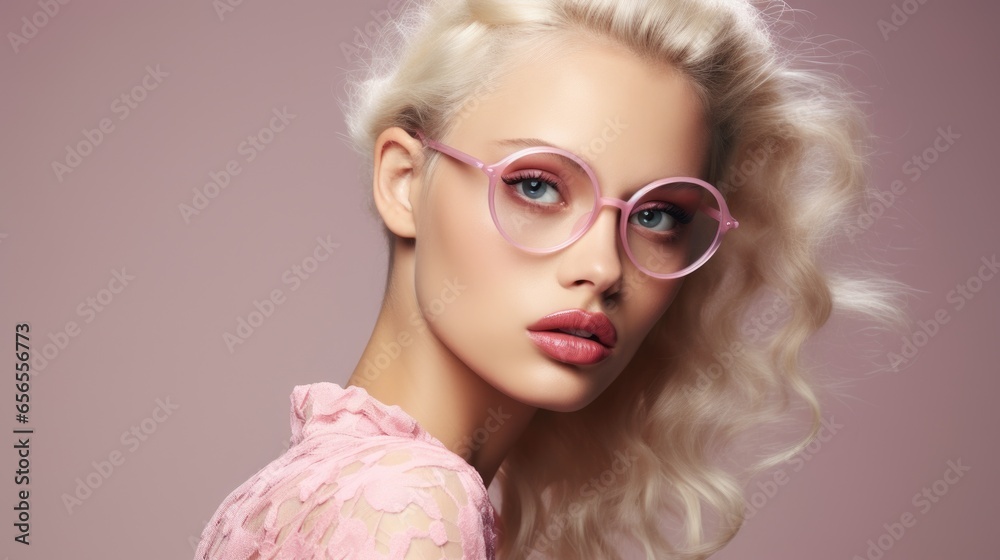 photo of a beautiful woman with a stylish hairstyle, wearing stylish transparent glasses, close-up