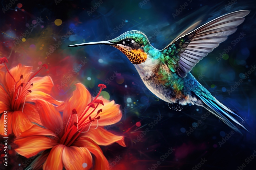 A hummingbird sipping nectar from an exotic bloom, wings a blur of color - obrazy, fototapety, plakaty 