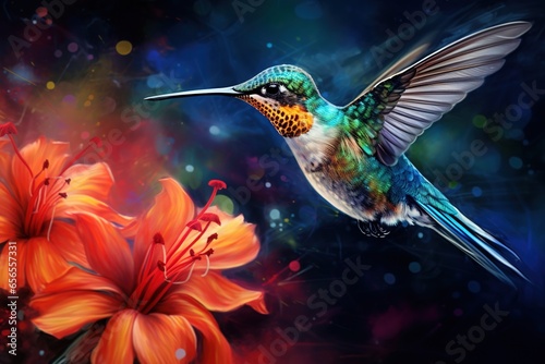 A hummingbird sipping nectar from an exotic bloom, wings a blur of color © Szabolcs