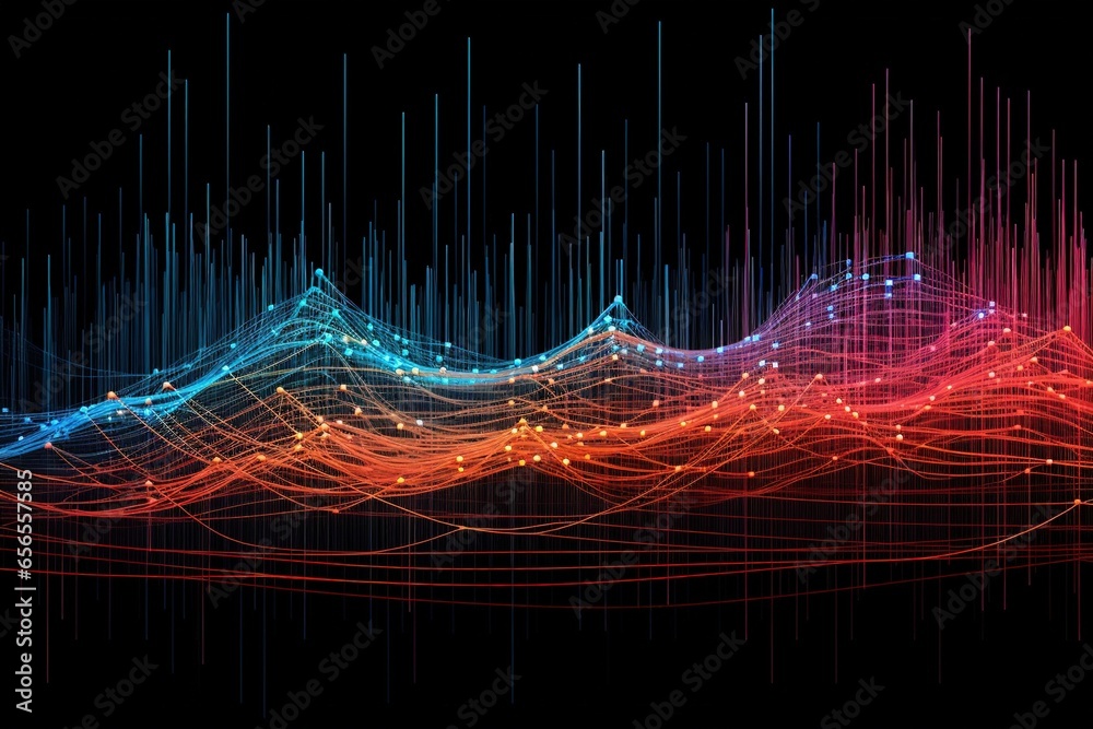 A matrix of pulsing neon threads forming intricate data flow patterns on black background