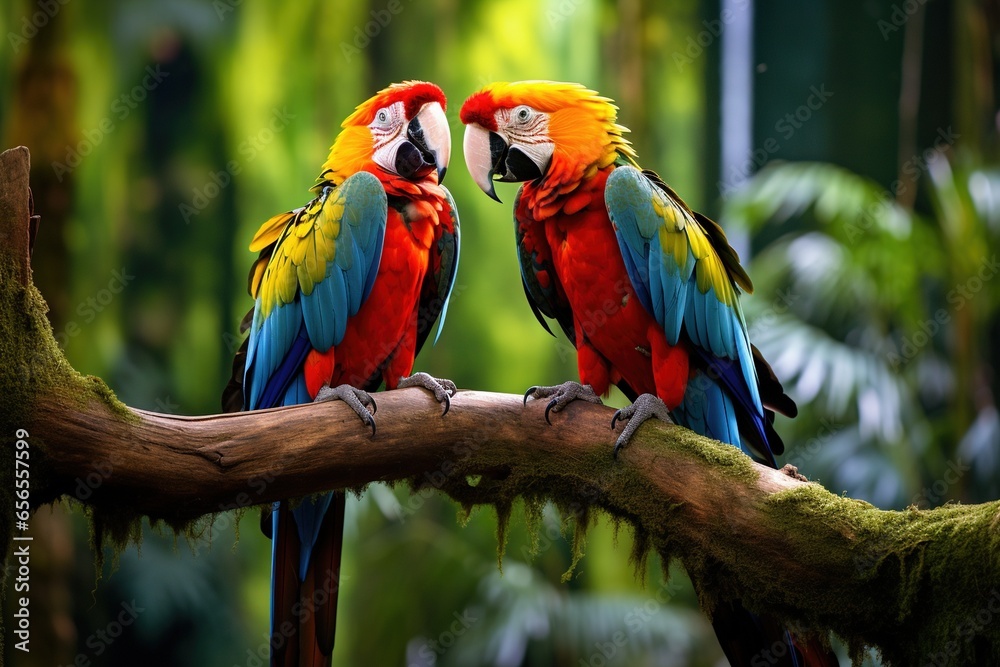 Obraz premium A pair of vivid macaws interacting in a tropical forest canopy