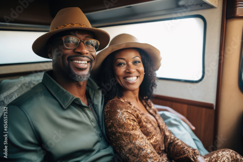 Middle age black couple riding car together