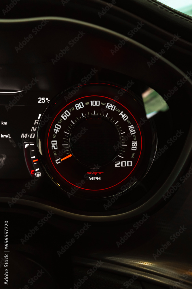 Dodge Challenger SRT Hellcat speedometer, close up view - High