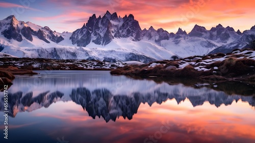 Fantastic panoramic view of snowy mountains and lake at sunset