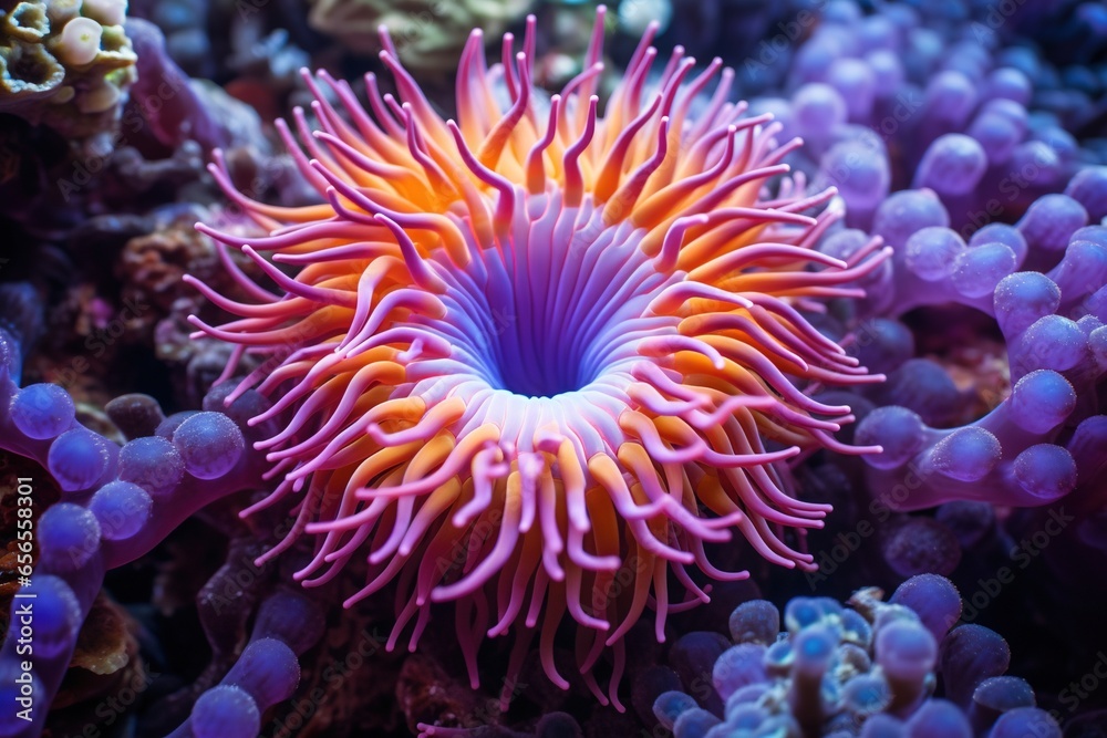 A sea anemone in an array of bright colors in a pristine coral reef A sea anemone in an array of bright colors in a pristine coral reef