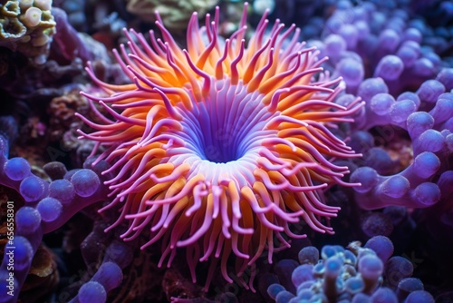 A sea anemone in an array of bright colors in a pristine coral reef