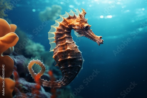 Seahorse on the ocean or sea. Realistic, close-up