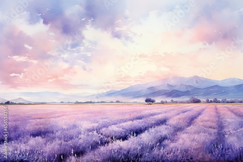 A serene watercolor panorama of a vast lavender field under a pastel sky © Szabolcs