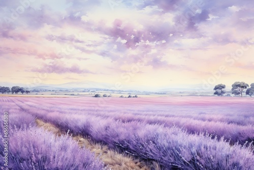 A serene watercolor panorama of a vast lavender field under a pastel sky