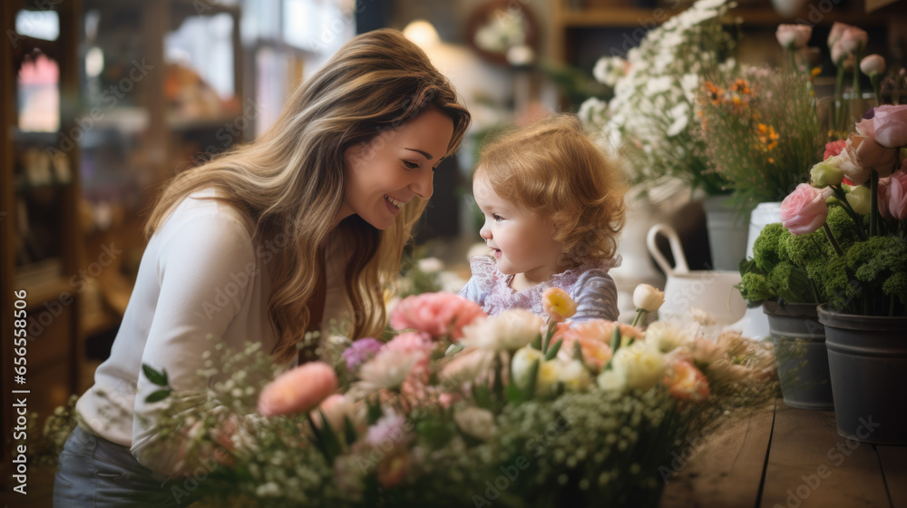 Portrait of a woman with a child choosing a bouquet in a flower store