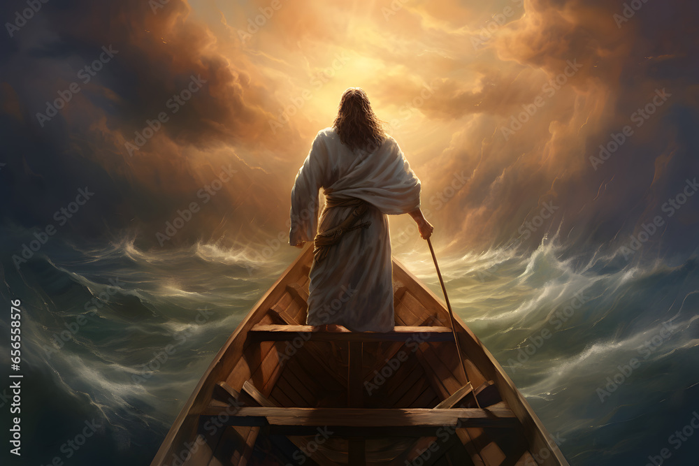 Jesus Christ on the boat calms the storm at sea. - obrazy, fototapety, plakaty 