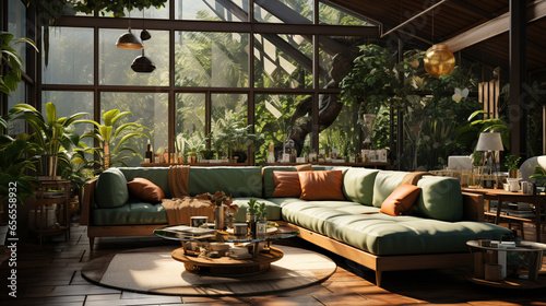 Interior of living room with green houseplants and sofas. ai generative