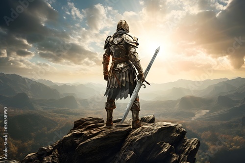 Knight in armor on the top of a mountain. 3d render