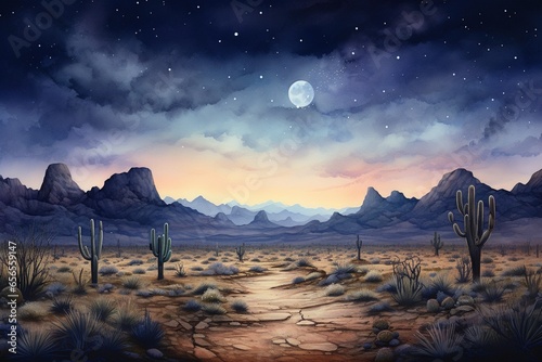 A soothing watercolor panorama of a peaceful desert under the night sky