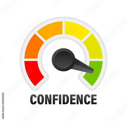 Confidence Level Meter, measuring scale. Confidence speedometer indicator. Vector stock illustration