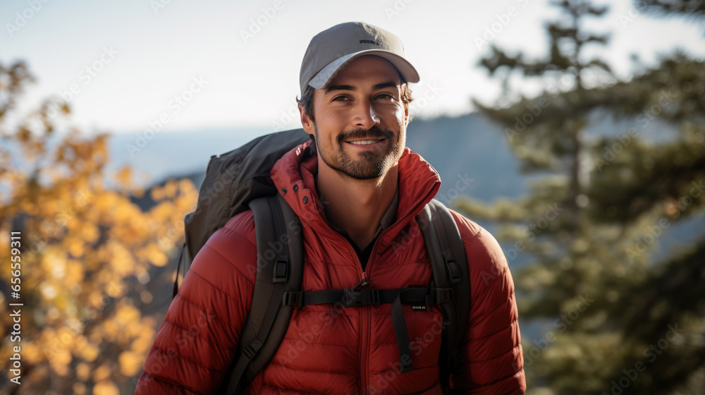 Man wearing backpack standing on autumn forest trail, hiking alone