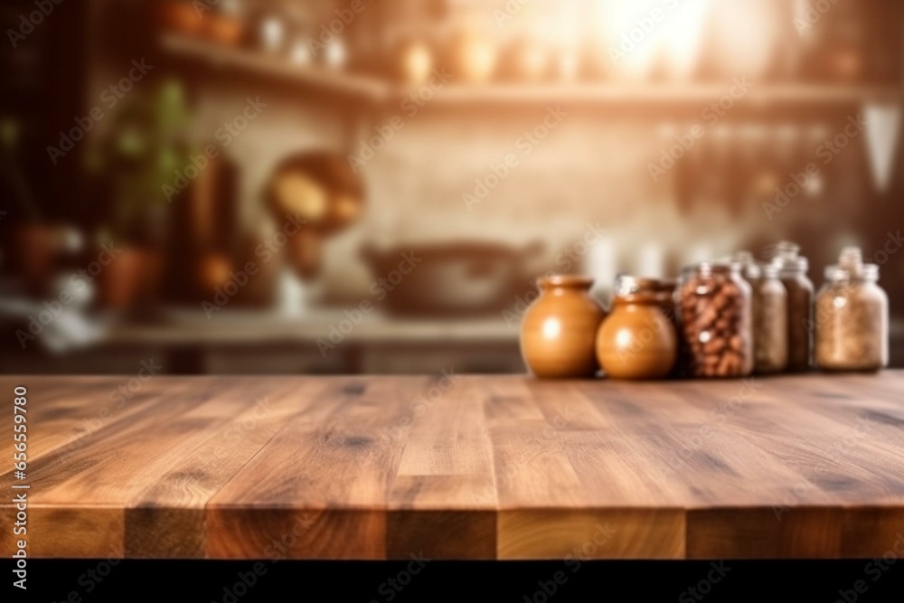 Background of kitchen table. Empty wooden board with blurred kitchen room interior for displaying food products. Generative AI