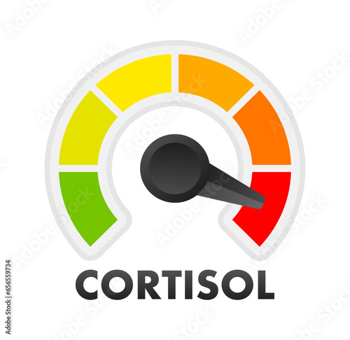 Cortisol Level Meter, measuring scale. Cortisol Level speedometer indicator. Vector stock illustration